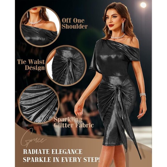 VIDUSSA Sparkly One-Shoulder Bodycon Dress, Ruched Tie-Waist Party Cocktail - Picture 3 of 5